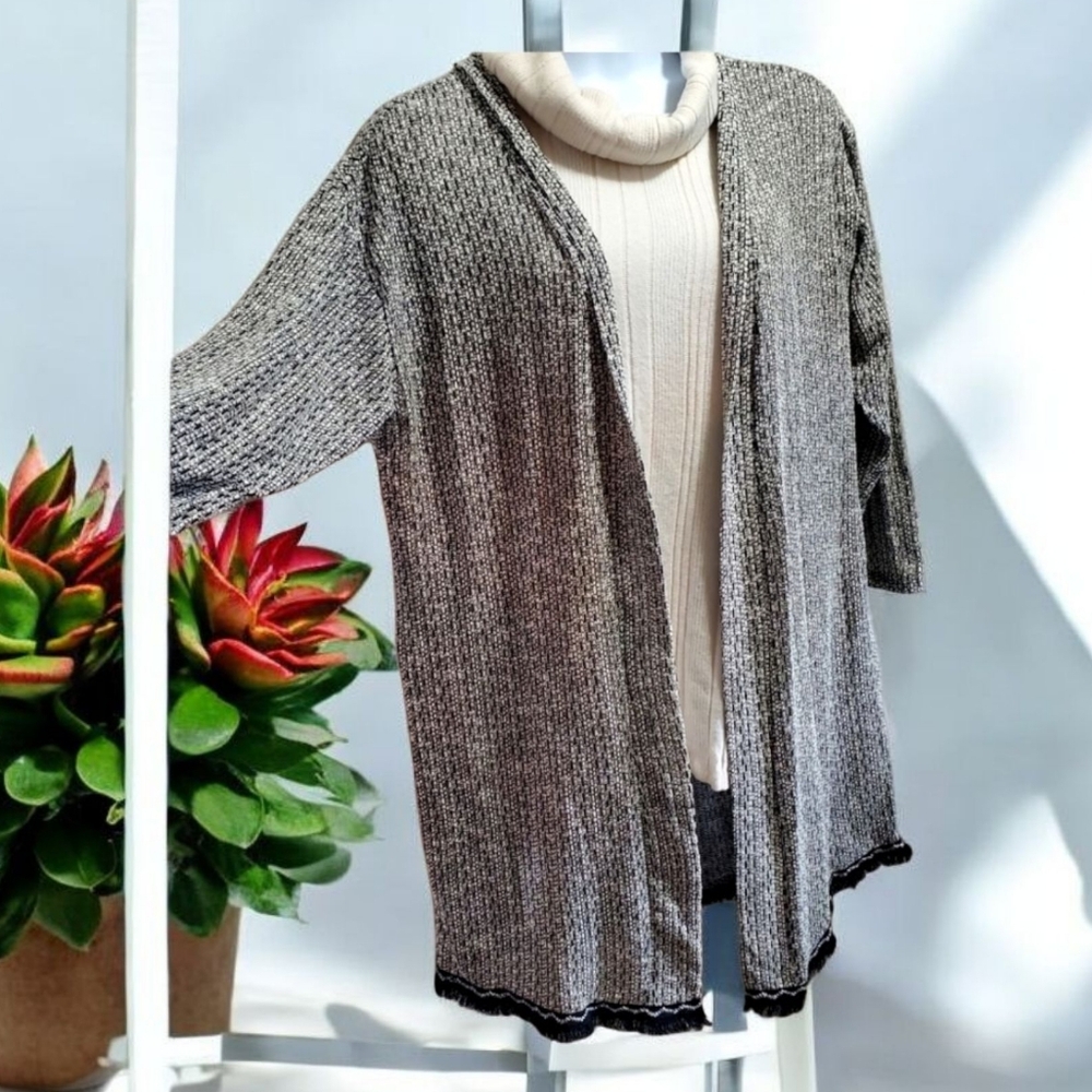 Misia knit long sleeve open cardigan with fringe along hem line NWT!